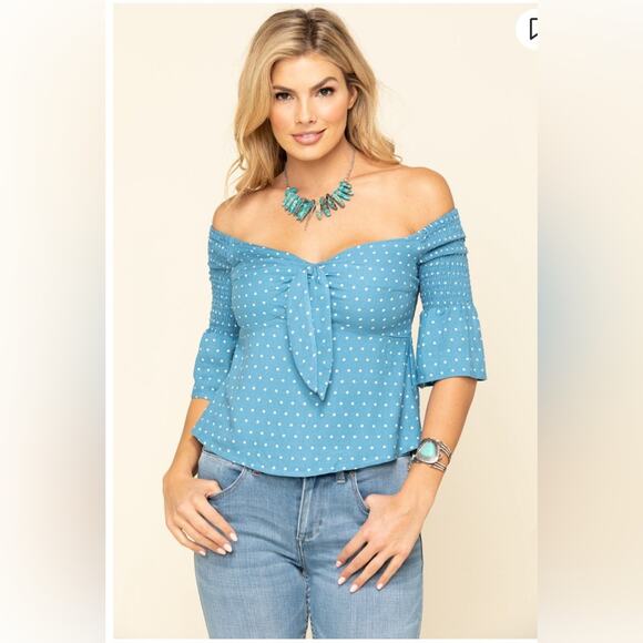 🍒 IDYLLWIND Dreamer Off the Shoulder Polka Dot Crop‎ Top Western Belle Sleeve-XL - Picture 1 of 10